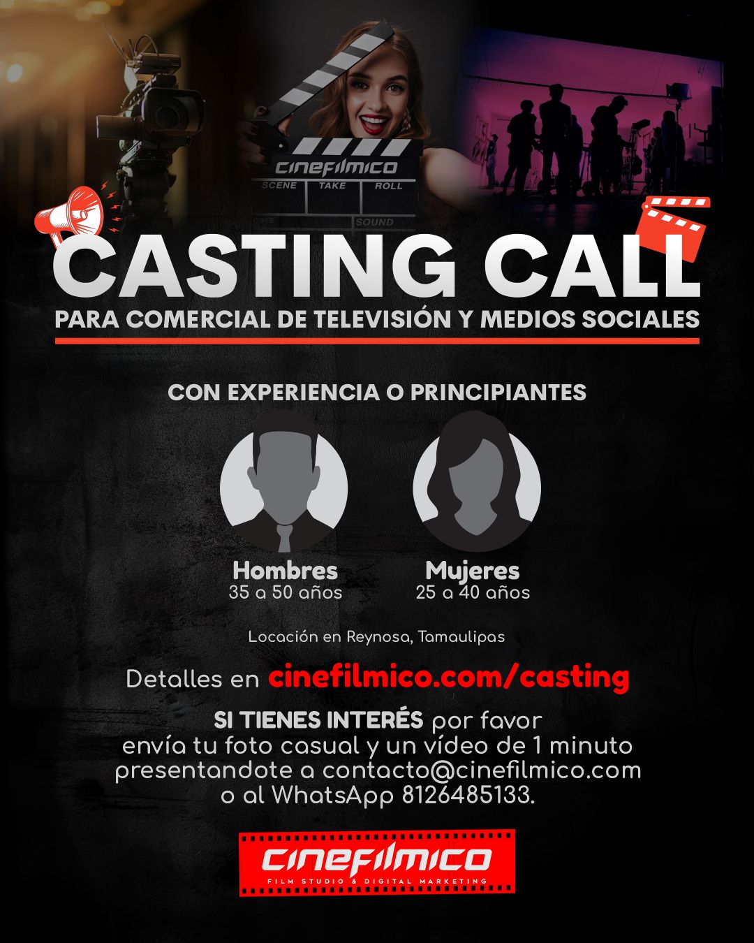 Oportunidad para quienes aspiran a ser actrices o actores, esta es tu oportunidad de aparecer en un comercial para televisión, películas y medios sociales, con CInefilmico Film Studio.