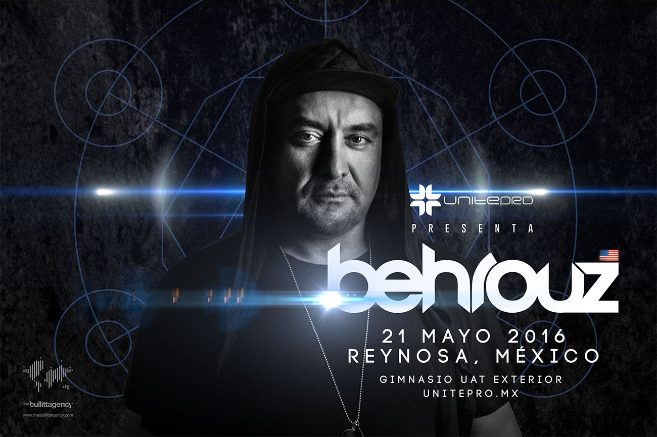 Poster para concierto de música electrónica de Behrouz diseñado por Cinefilmico.