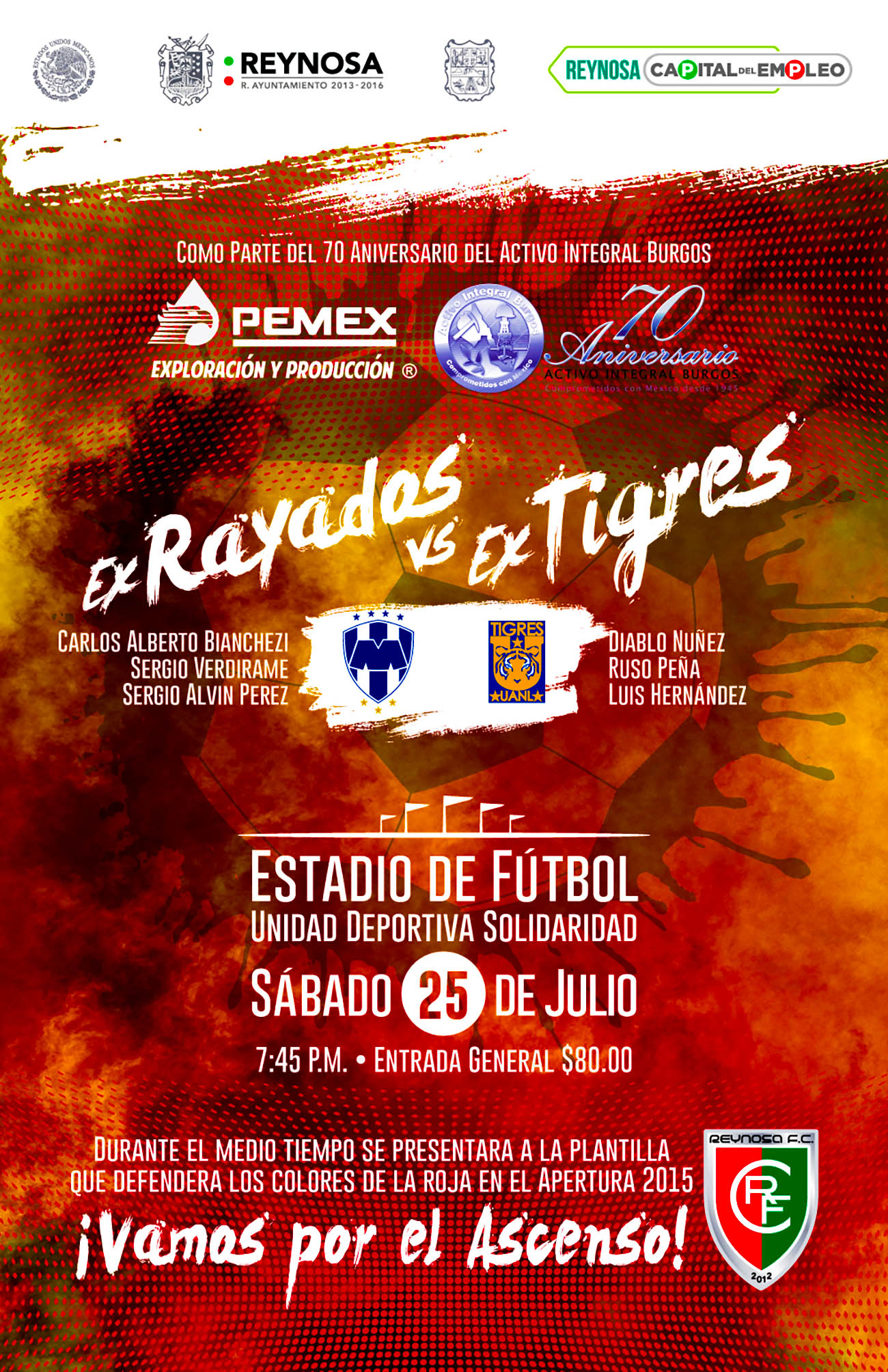 Poster para partido de fútbol de ex futbolistas mexicanos de Rayados de Monterrey y los Tigres por Cinefilmico.